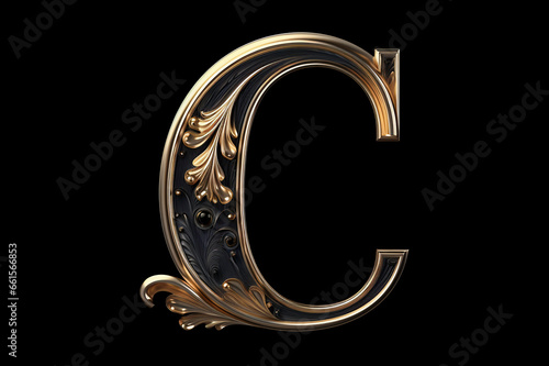 Alphabet letter c with metallic gold or brass texture isolated on black background, baroque scroll font design, golden uppercase abc for poster, cover, book