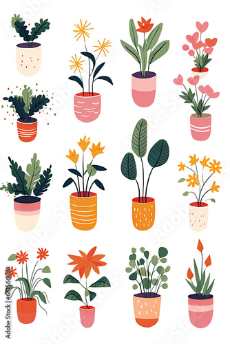 Multiple variety of plants in pots isolated on a white background