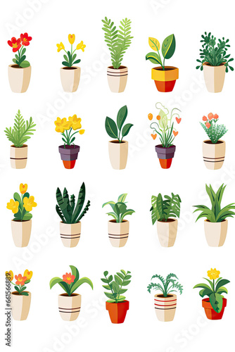 Multiple variety of plants in pots isolated on a white background