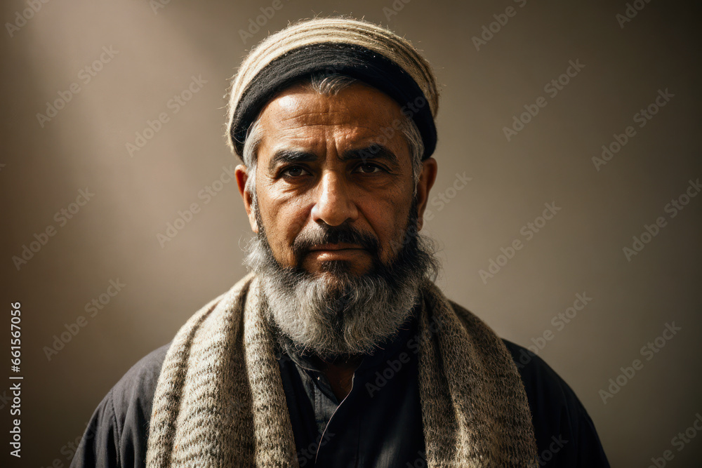 Portrait of the of the old age, bearded Middle Eastern man wearing keffiyeh, traditional clothing. Concept of active age Portrait of the of the old age, bearded Middle Eastern man wearing keffiyeh, traditional clothing. Concept of active age