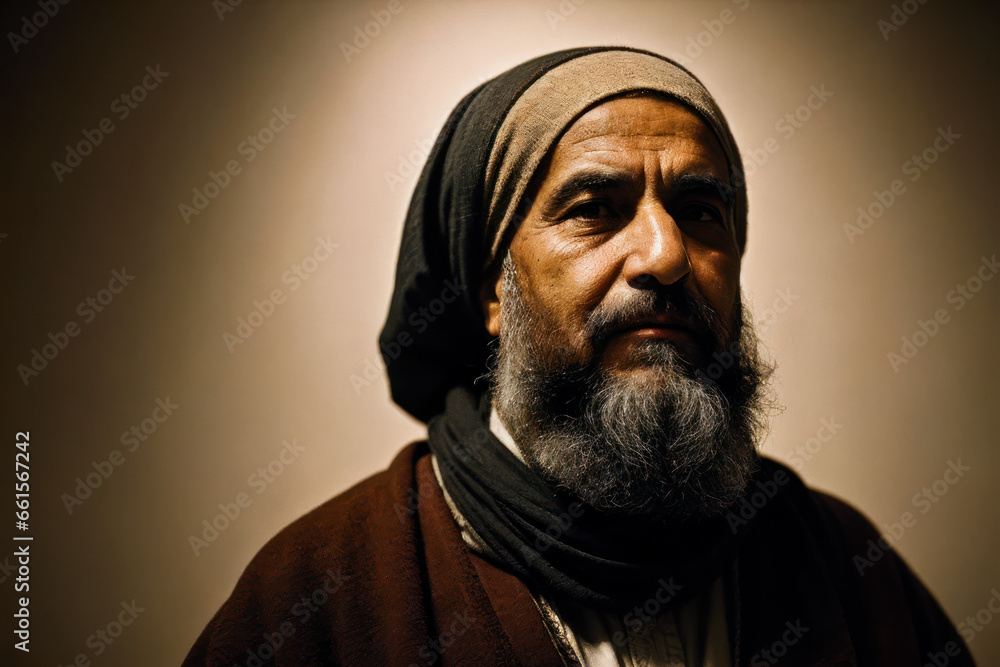Portrait of the of the old age, bearded Middle Eastern man wearing keffiyeh, traditional clothing. Concept of active age Portrait of the of the old age, bearded Middle Eastern man wearing keffiyeh, traditional clothing. Concept of active age