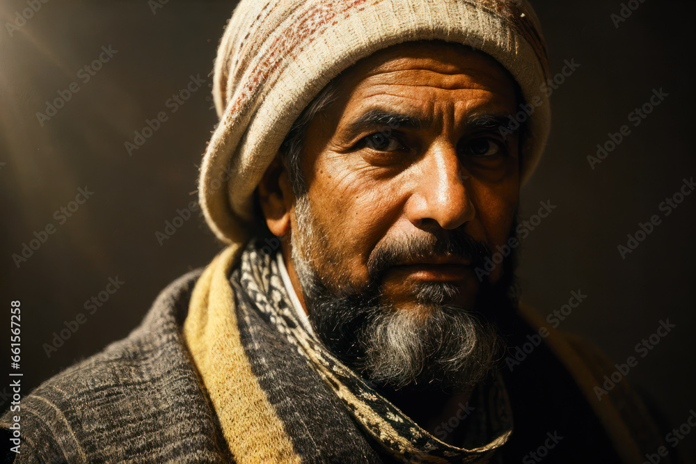 Portrait of the of the old age, bearded Middle Eastern man wearing keffiyeh, traditional clothing. Concept of active age