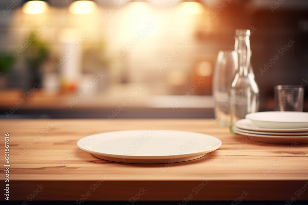 Empty white plate on wooden table in modern kitchen. Blurred background Empty white plate on wooden table in modern kitchen. Blurred background