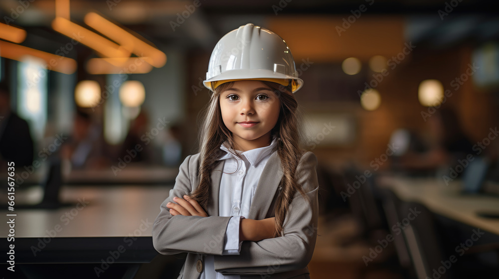 Portrait of a little girl looking like an engineer or architect wearing a helmet with blueprints on a table. Portrait of a little girl looking like an engineer or architect wearing a helmet with blueprints on a table.