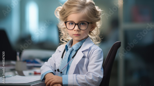 A little girl in a white coat plays doctor. The concept of a child in an adult profession.
