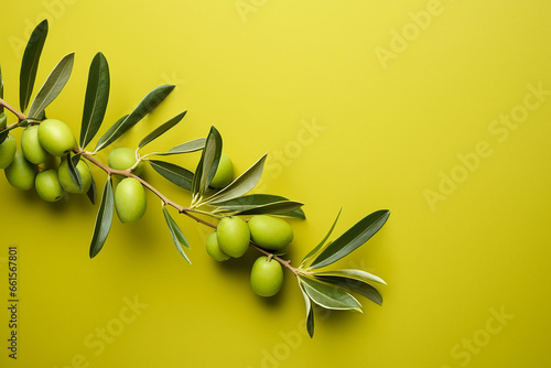 Wallpaper Mural Olive branch with green olives on yellow background. Top view. Copy space. Torontodigital.ca