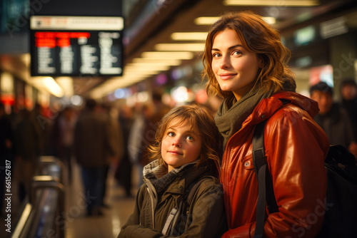 Worried mother and child at busy train station, awaiting delayed departure.