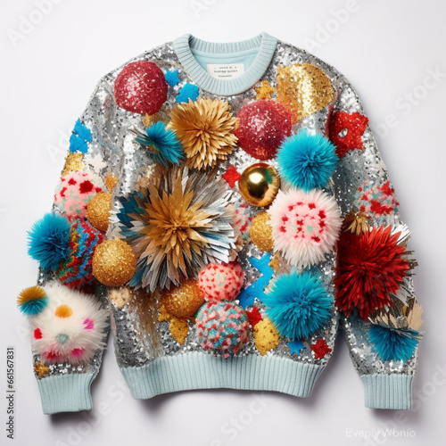 ugly christmas sweater decorated with colorful pompoms and sequins,party costume, photo