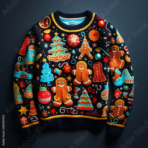 An ugly Christmas sweater , featuring a mishmash of holiday symbols A masterpiece of gaudy cheer