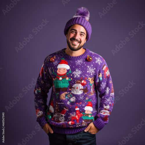 a man in a hat and an ugly Christmas sweater,a costume for a party,