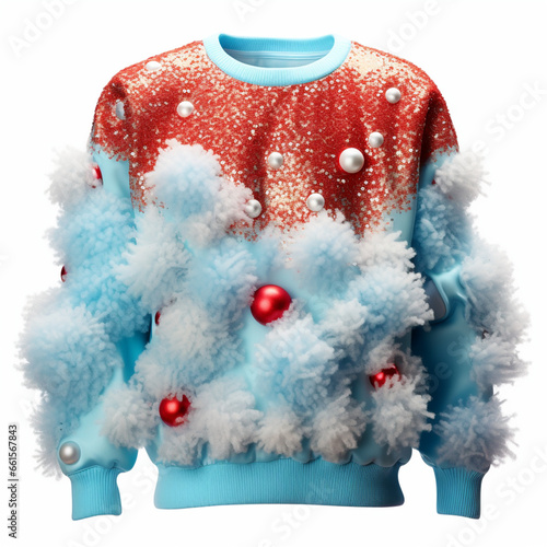 An absurdly ugly Christmas sweater designed, fluffy pom-poms, and of glitter, party outfit,