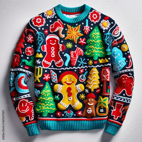 Fotomurale ugly Christmas sweater ,featuring a mishmash of holiday symbols on a white backg