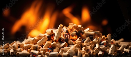 Eco friendly and natural fuel burning wood pellets Flames on black
