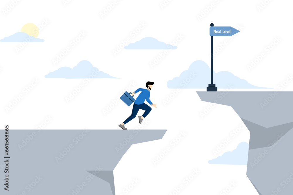 Obraz premium Concept of better achievement in business and career path. Entrepreneurs jump to another cliff to reach a higher level. level up or career. flat vector illustration on white background.