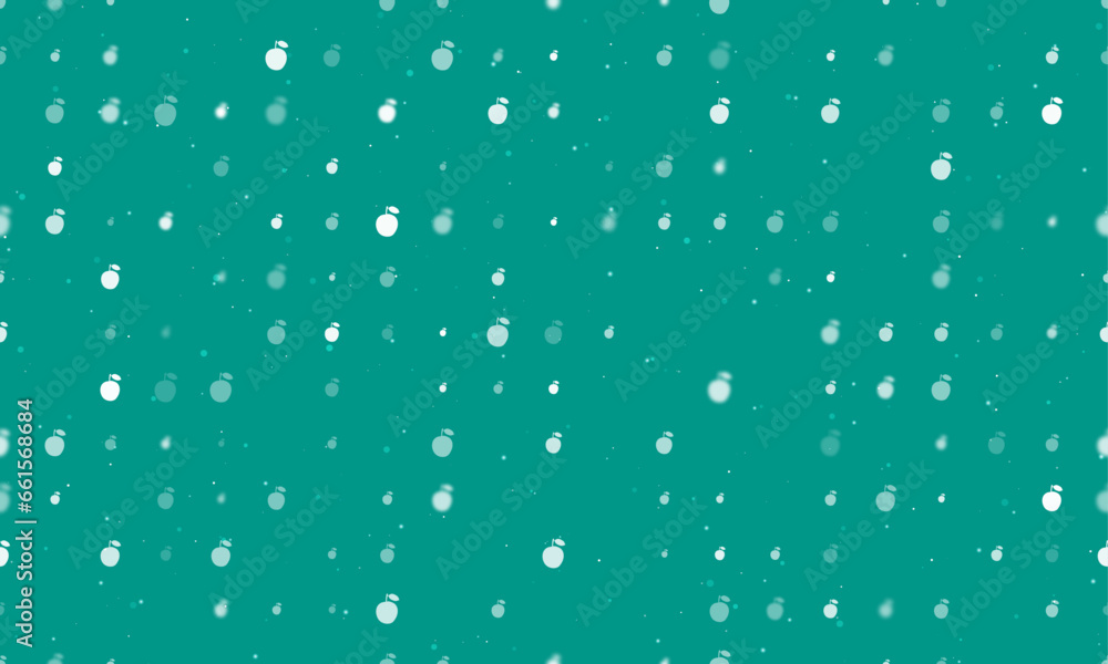 Seamless background pattern of evenly spaced white apple symbols of different sizes and opacity. Vector illustration on teal background with stars