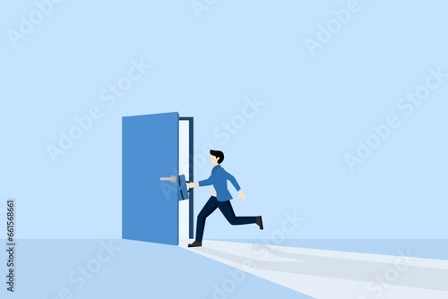 concept of opening the door looking for new opportunities, getting out of the comfort zone, looking for success, running towards a bright future, people open the door seeing the bright light coming in