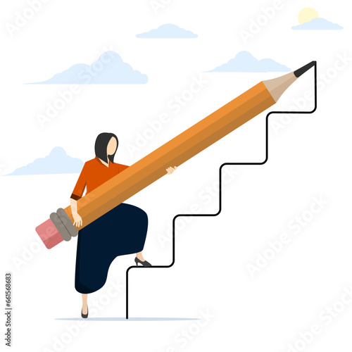 Concept of creating a ladder to success, growth or development of a career path, planning for self-improvement or leadership motivation, self-made success, woman pulling a ladder to climb success.