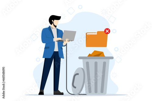 Concept of deleting files, cleaning computer, deleting processes. A man deletes files from a laptop to the trash. The user deletes the folder with documents to the trash. Flat vector illustration.
