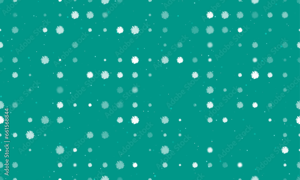 Seamless background pattern of evenly spaced white chamomile flowers of different sizes and opacity. Vector illustration on teal background with stars