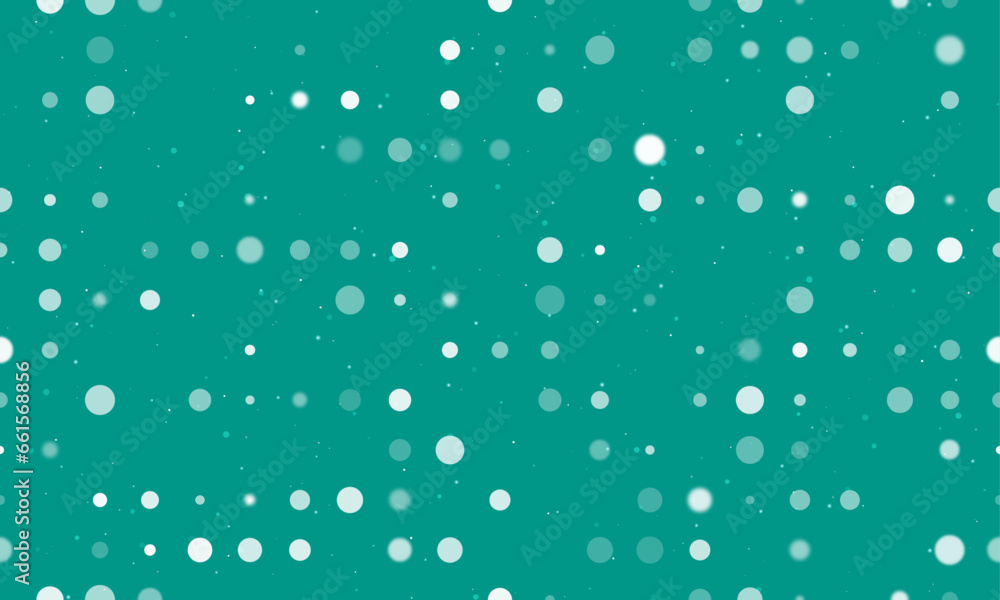 Seamless background pattern of evenly spaced white circles of different sizes and opacity. Vector illustration on teal background with stars