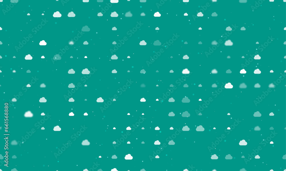 Seamless background pattern of evenly spaced white cloud symbols of different sizes and opacity. Vector illustration on teal background with stars