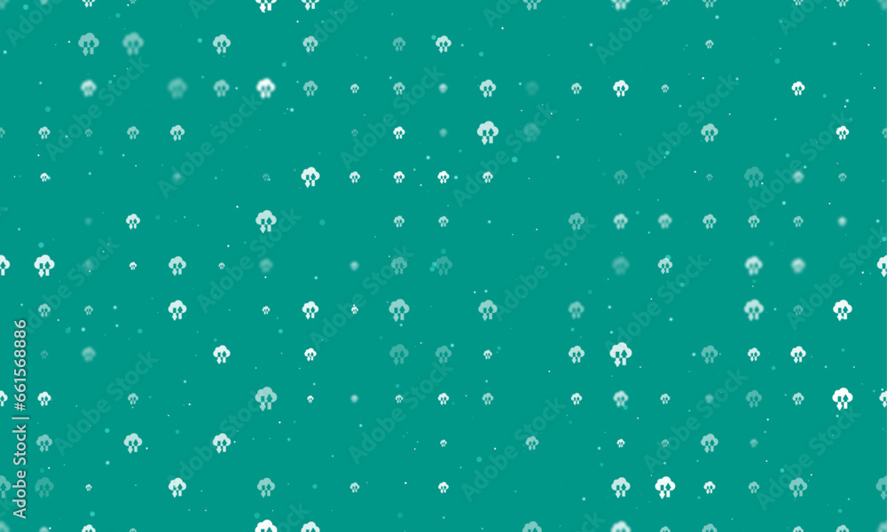 Seamless background pattern of evenly spaced white cloud technology symbols of different sizes and opacity. Vector illustration on teal background with stars