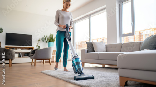 Woman housewife cleans her house with a vacuum cleaner photo