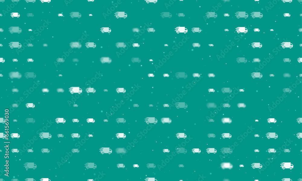 Seamless background pattern of evenly spaced white delivery symbols of different sizes and opacity. Vector illustration on teal background with stars Seamless background pattern of evenly spaced white delivery symbols of different sizes and opacity. Vector illustration on teal background with stars