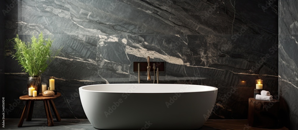 Opulent bathroom featuring contrasting marble tiles and spacious bathtub With copyspace for text