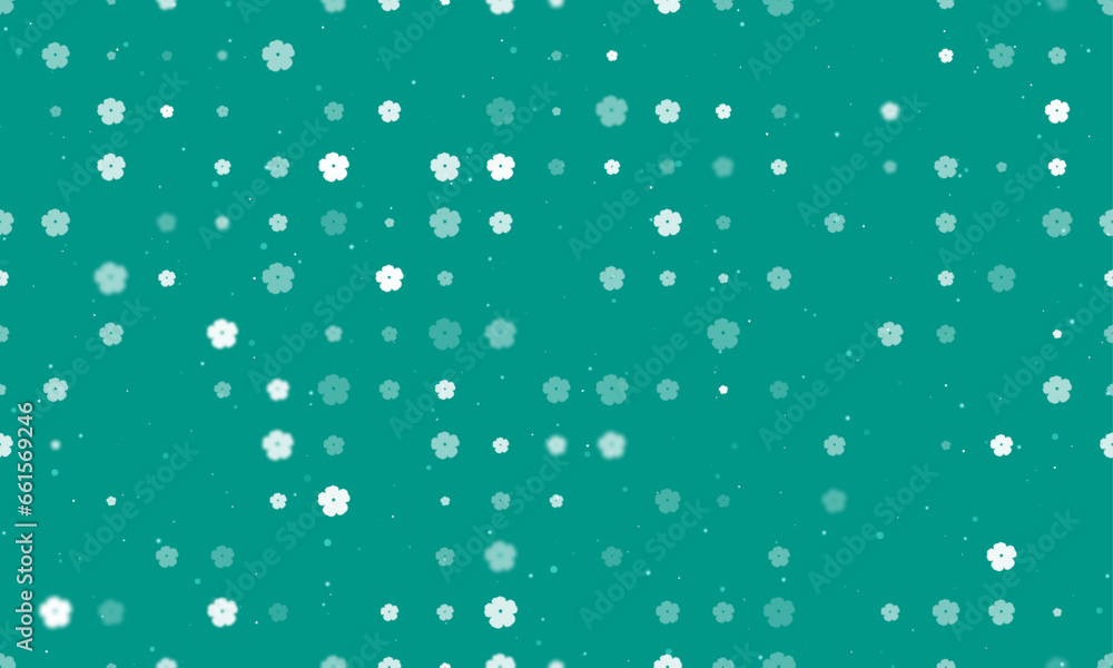 Seamless background pattern of evenly spaced white geraniums of different sizes and opacity. Vector illustration on teal background with stars Seamless background pattern of evenly spaced white geraniums of different sizes and opacity. Vector illustration on teal background with stars
