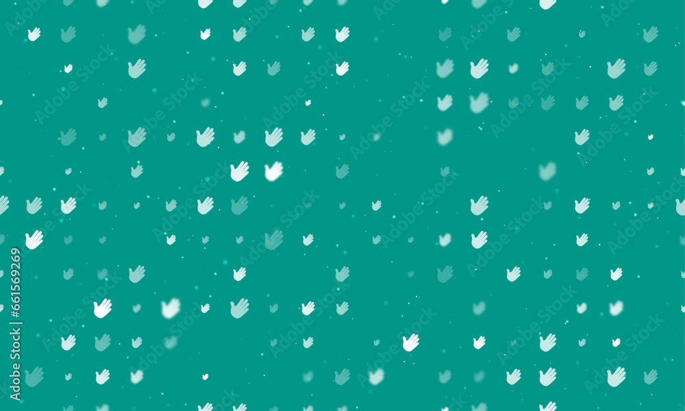 Seamless background pattern of evenly spaced white hands of different sizes and opacity. Vector illustration on teal background with stars