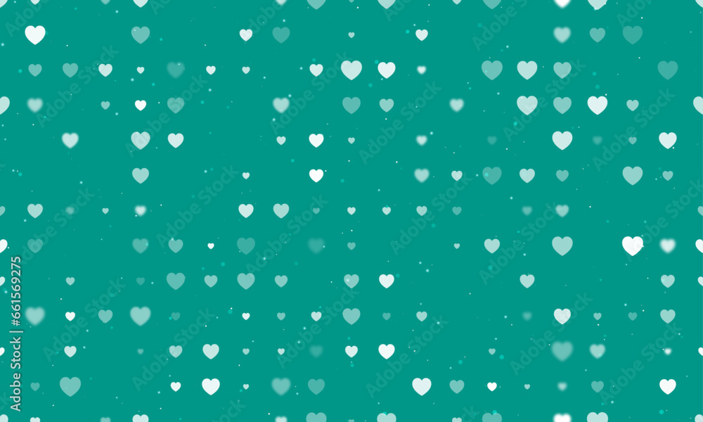 Seamless background pattern of evenly spaced white hearts of different sizes and opacity. Vector illustration on teal background with stars