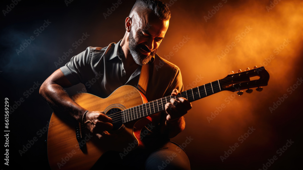 Obraz premium Male musician playing guitar at a rock concert