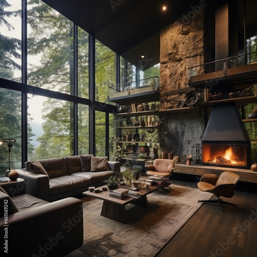 Living room with a fireplace in the woods.