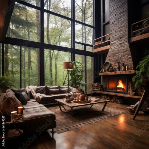Living room with a fireplace in the woods.