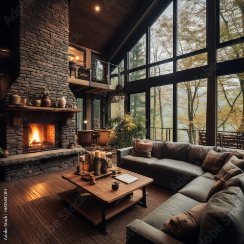 Living room with a fireplace in the woods.