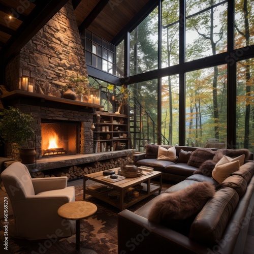 Living room with a fireplace in the woods.
