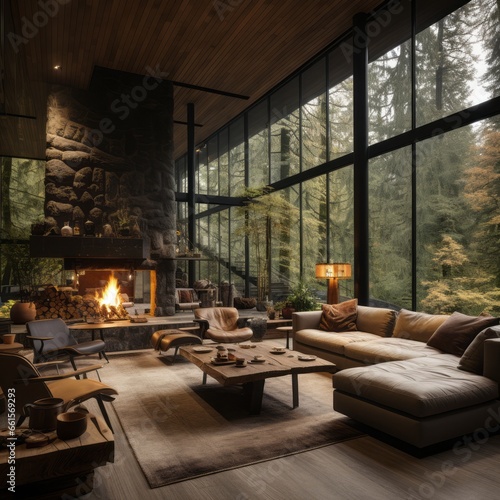 Living room with a fireplace in the woods 