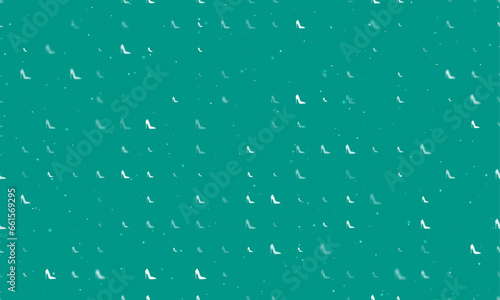 Seamless background pattern of evenly spaced white High heel shoe symbols of different sizes and opacity. Vector illustration on teal background with stars