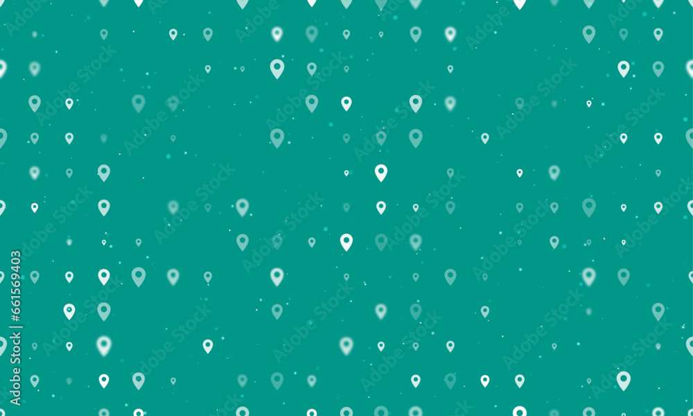 Seamless background pattern of evenly spaced white location symbols of different sizes and opacity. Vector illustration on teal background with stars Seamless background pattern of evenly spaced white location symbols of different sizes and opacity. Vector illustration on teal background with stars