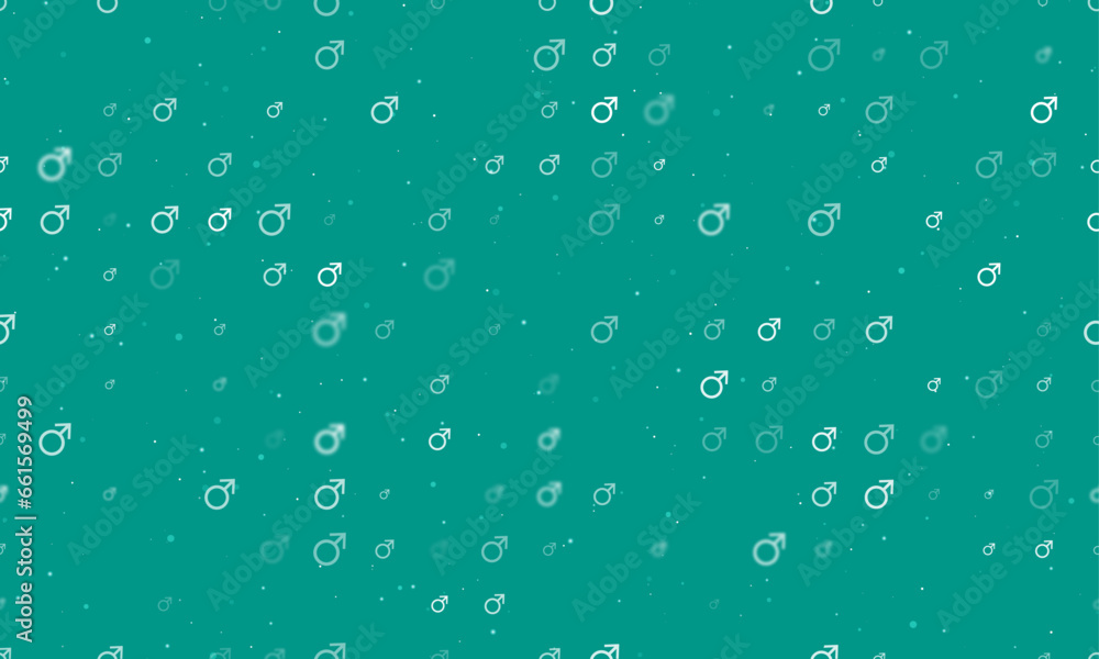 Seamless background pattern of evenly spaced white mars symbols of different sizes and opacity. Vector illustration on teal background with stars
