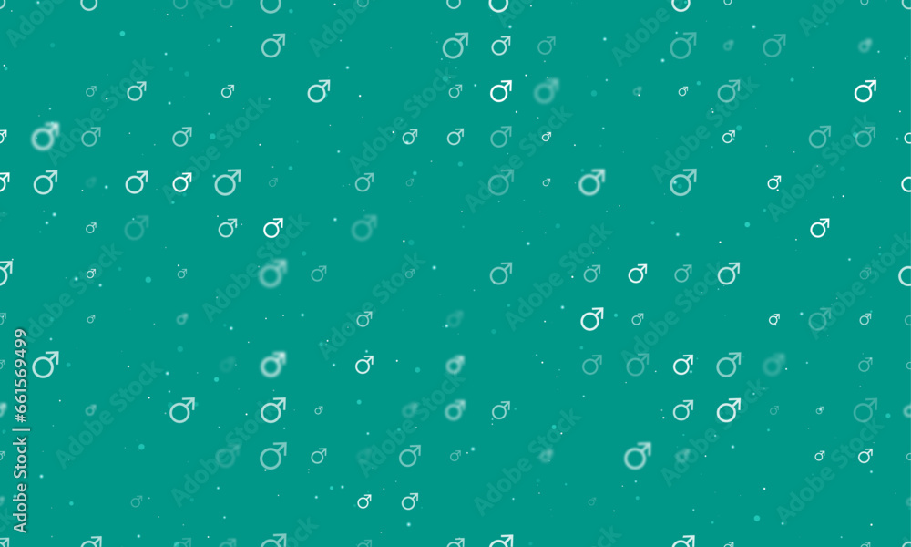 Seamless background pattern of evenly spaced white mars symbols of different sizes and opacity. Vector illustration on teal background with stars Seamless background pattern of evenly spaced white mars symbols of different sizes and opacity. Vector illustration on teal background with stars