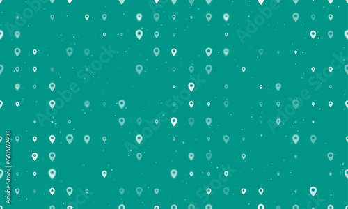 Seamless background pattern of evenly spaced white location symbols of different sizes and opacity. Vector illustration on teal background with stars