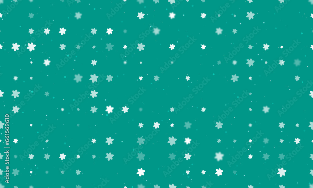 Seamless background pattern of evenly spaced white narcissus flowers of different sizes and opacity. Vector illustration on teal background with stars Seamless background pattern of evenly spaced white narcissus flowers of different sizes and opacity. Vector illustration on teal background with stars
