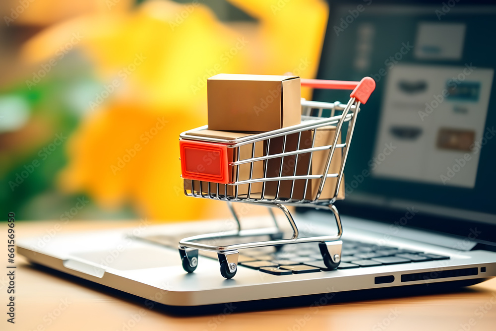 Paper boxes in a trolley and laptop. Online shopping and e-commerce concept.