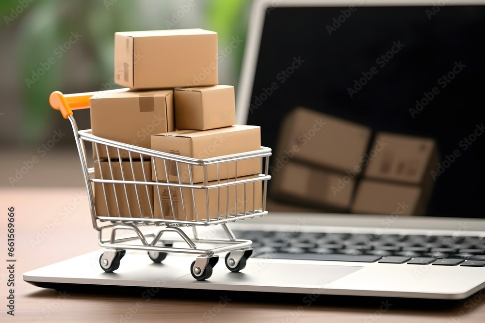Paper boxes in a trolley and laptop. Online shopping and e-commerce concept.