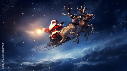 Santa Claus riding a sleigh with reindeer in the sky at night. Marry Christmas.