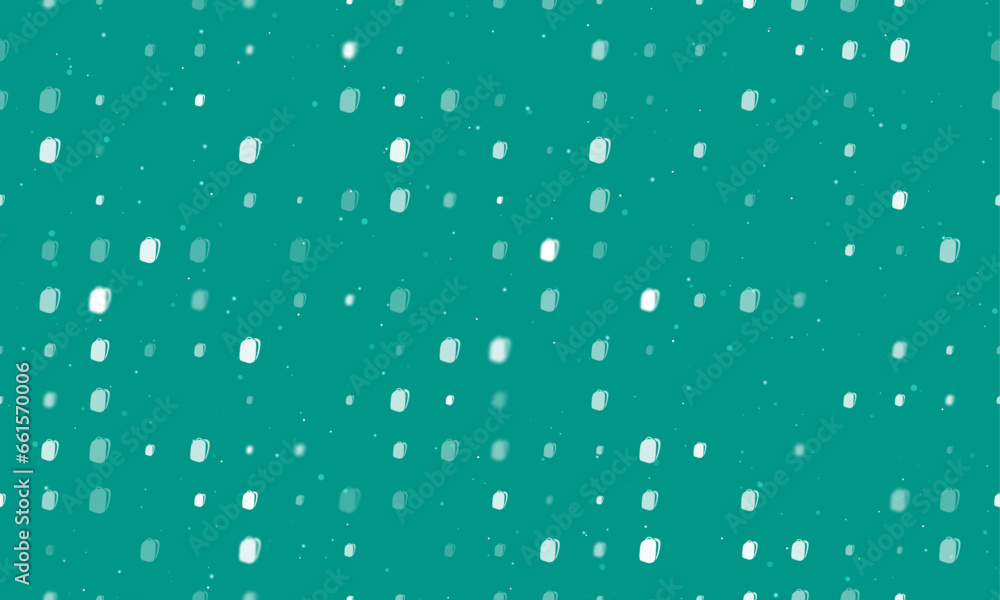 Seamless background pattern of evenly spaced white school bag symbols of different sizes and opacity. Vector illustration on teal background with stars Seamless background pattern of evenly spaced white school bag symbols of different sizes and opacity. Vector illustration on teal background with stars