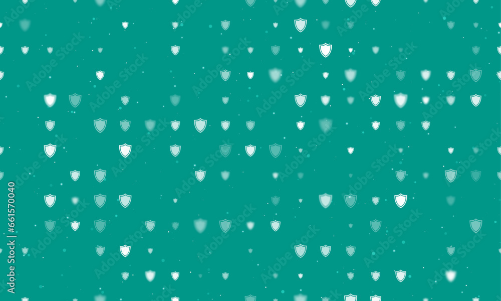 Seamless background pattern of evenly spaced white shield symbols of different sizes and opacity. Vector illustration on teal background with stars