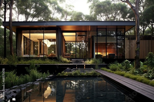 Contemporary residence adorned with timber cladding amidst lush woodland. Generative AI